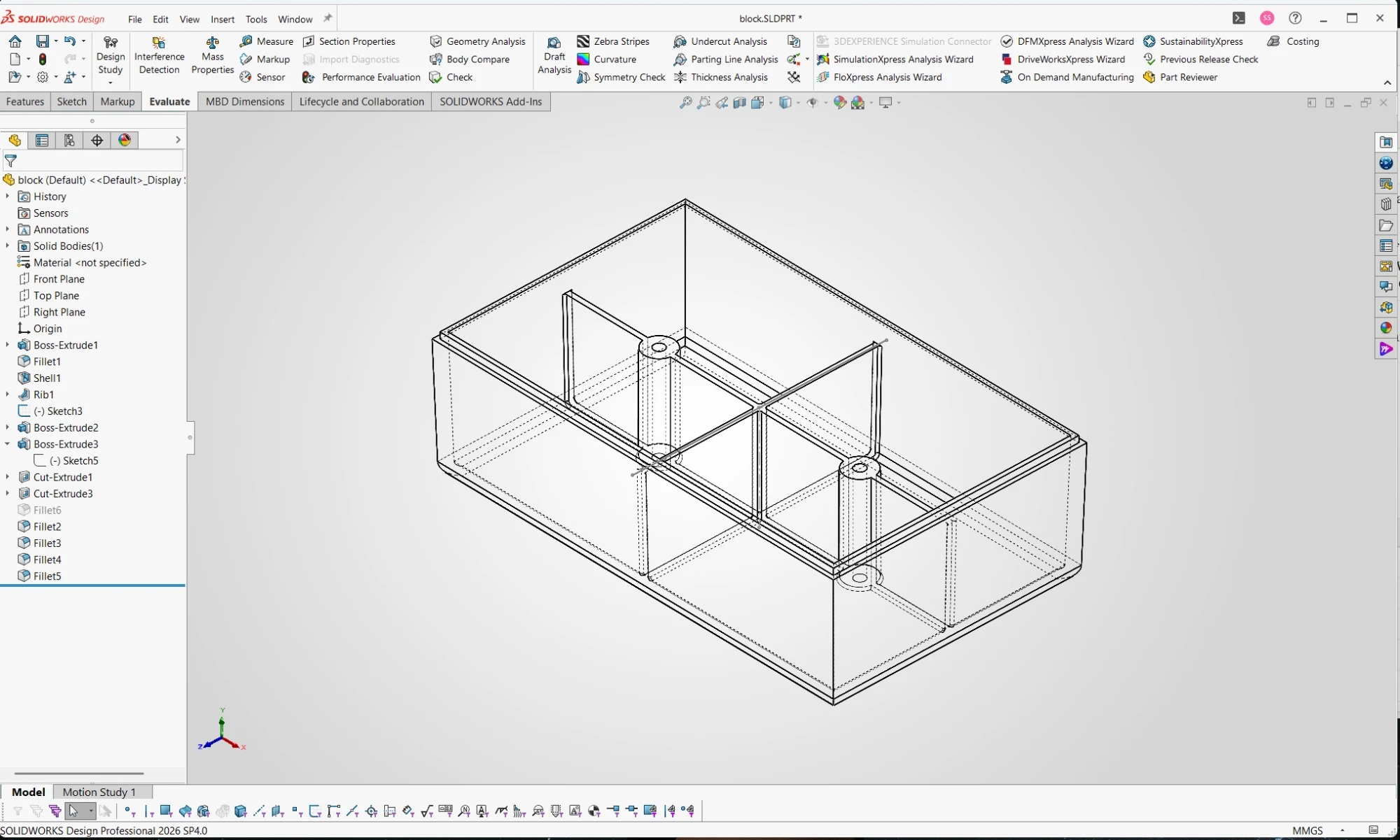 The SolidWorks build of the housing, with its feature tree